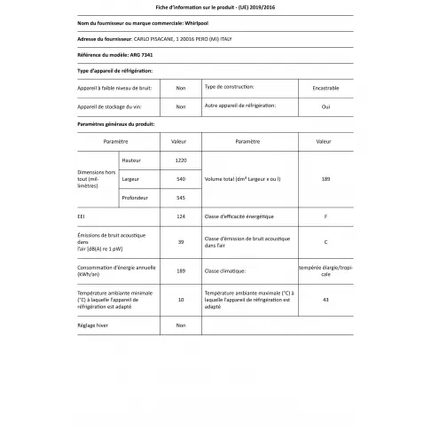 Réfrigérateur intégré 1 porte WHIRLPOOL ARG7341 - 2