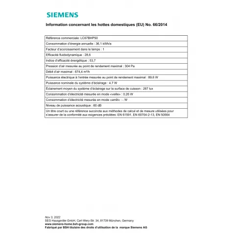 Hotte décorative SIEMENS LC 67 BHP 50 - 7