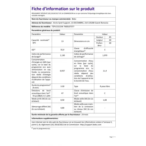 Lave-vaisselle 60 cm BEKO TDFV15315W - 8