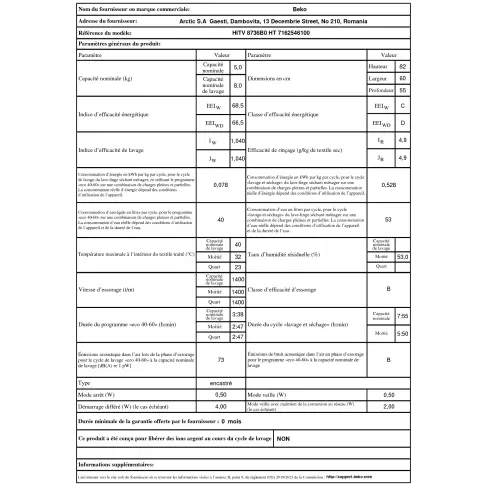 Lave-linge séchant intégrable BEKO HITV8736B0HT - 8