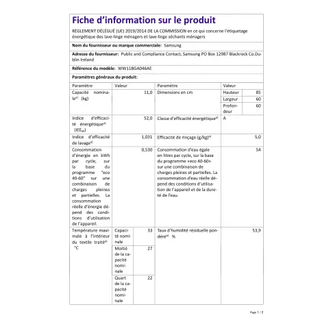 Lave-linge hublot SAMSUNG WW11BGA046AEEF - 2