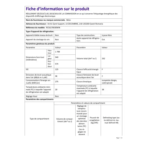 Combiné inversé BEKO RCSA 270 K 30 WN - 1