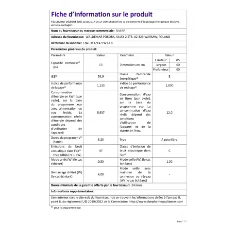 Lave-vaisselle 60 cm SHARP QWHX12F47EW1FR - 3