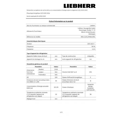 Réfrigérateur intégré 1 porte LIEBHERR IRSE1220 - 1